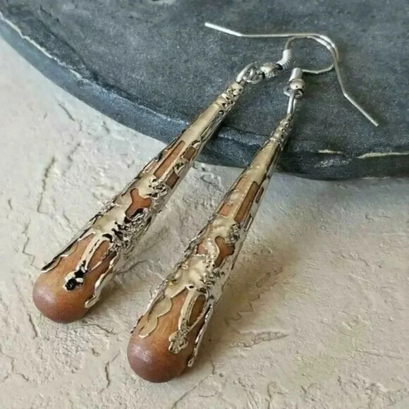 Hand Crafted Victorian Filigree Wood Long Teardrop Shaped Earrings - Picture 1 of 8